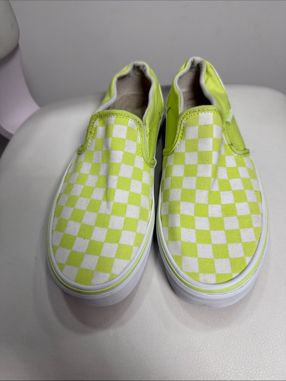 Vans Checkerboard Slip-On Sneakers in Lime Green and White